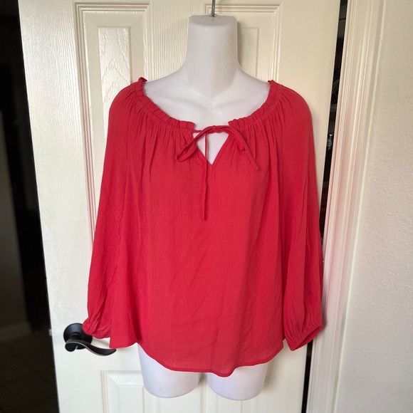 Sanctuary Coral Split V-neck Long Sleeve Tie String Peasant Top - Picture 1 of 7